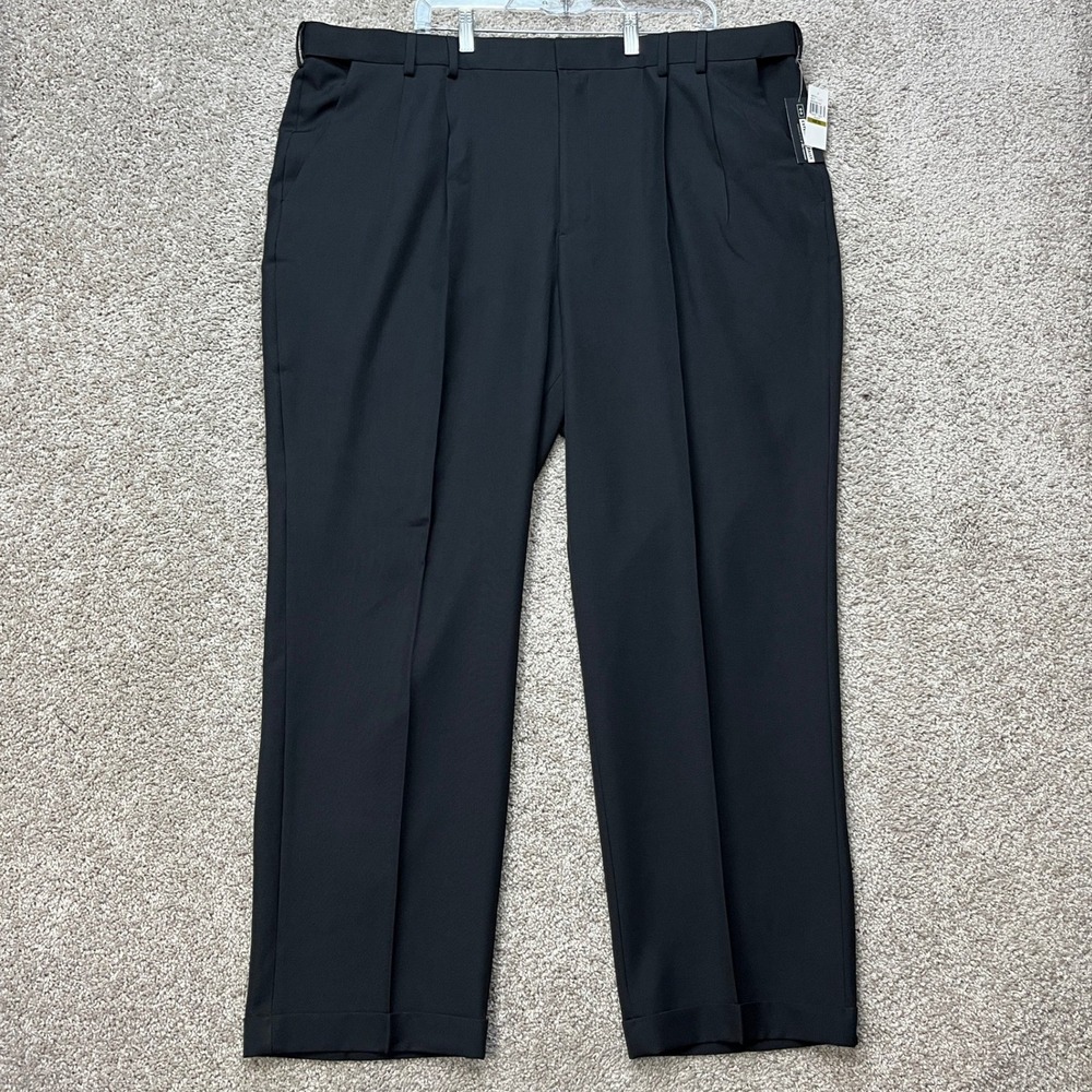 Van Heusen Dress Pants Mens 44x32 Black Double Pleat Extender Waist Straight Leg